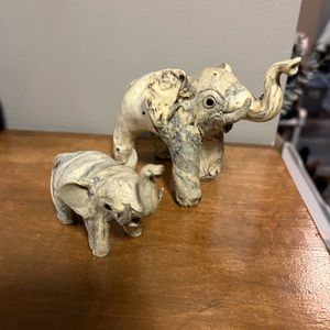 Vintage Elephant Figurine Mom and Baby Set Fiberglass Marble Resin
